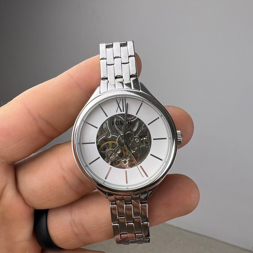 Fossil Watch BQ3051 Silver Stainless Steel Skeleton Automatic Excellent 21 Jewel